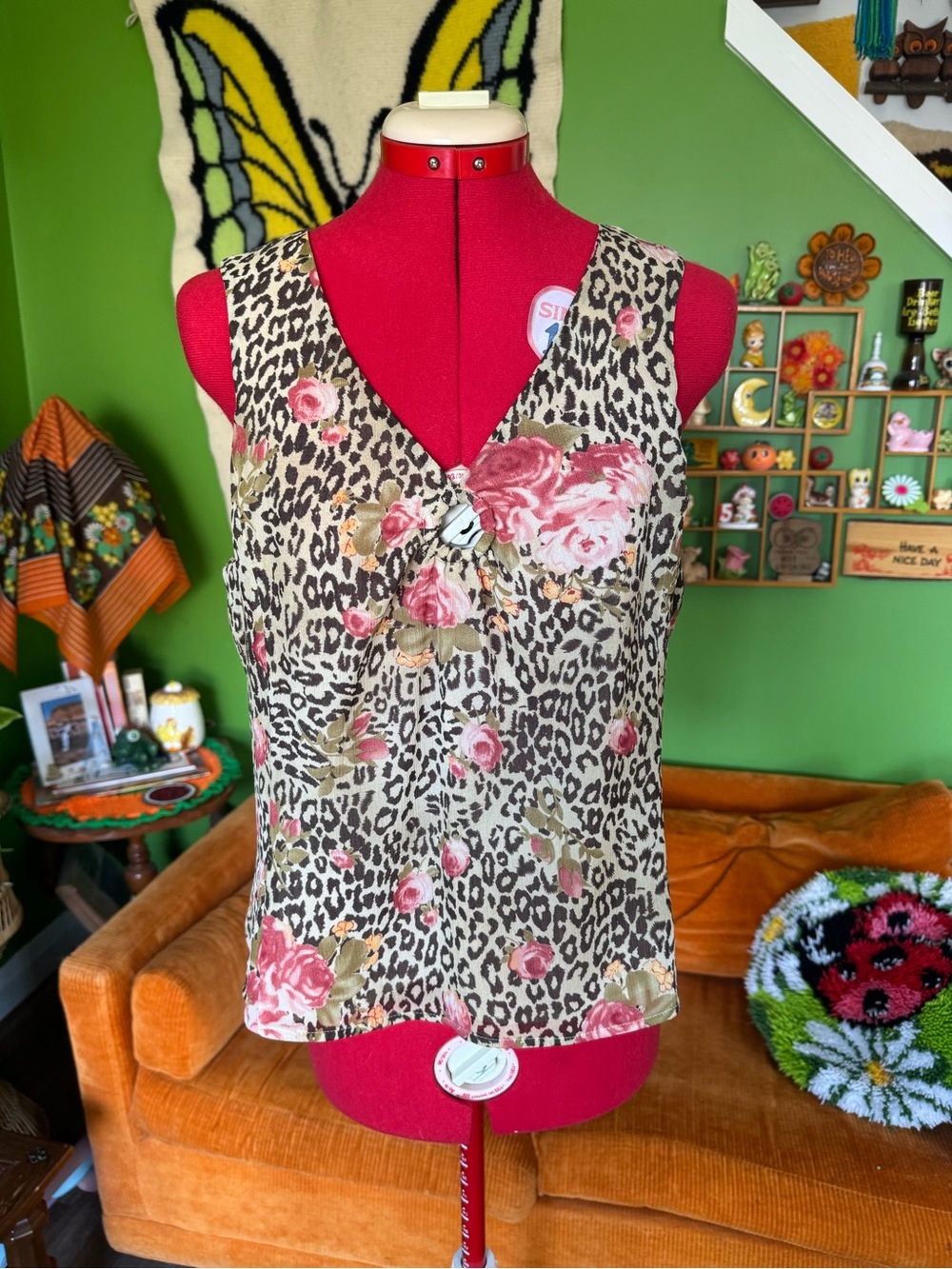 Vintage 90s Floral Leopard V-Neck Sleeveless Tank Top - Pink